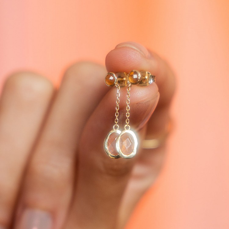 Solid Gold Orange Garnet and Sunstone Dusk Drop Earrings