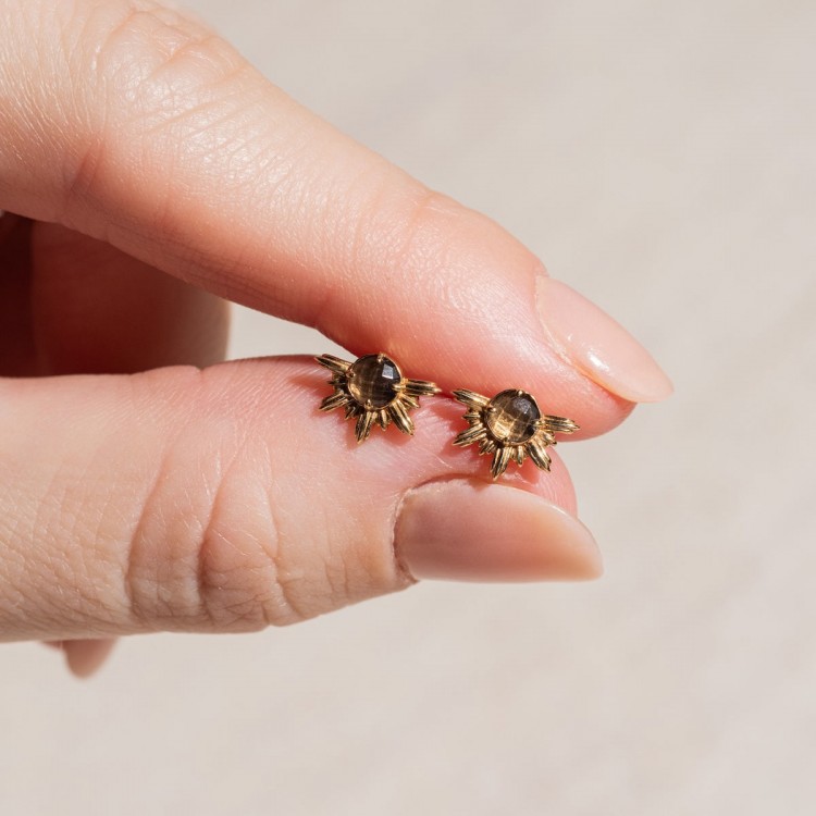 Solid Gold Smoky Quartz Sunburst Studs