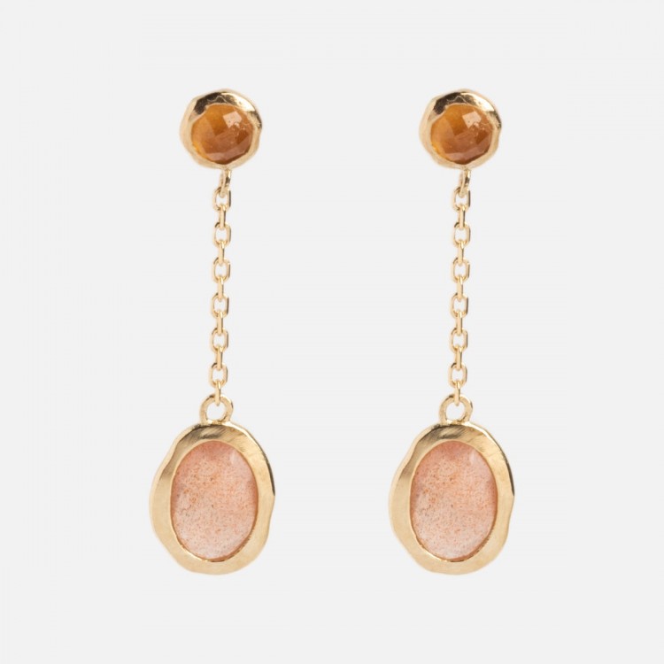 Solid Gold Orange Garnet and Sunstone Dusk Drop Earrings
